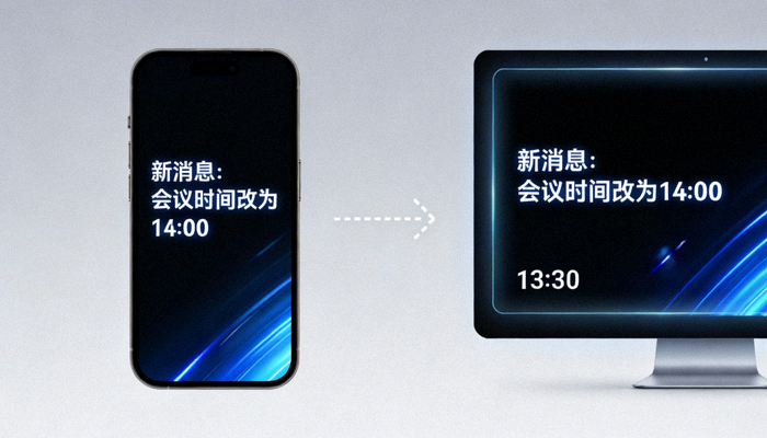 实时消息同步在手机和电脑屏幕上同时显示的动画效果示意图