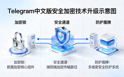 Telegram中文版安全加密技术升级示意图，展示加密锁、安全通道和防护盾牌等元素