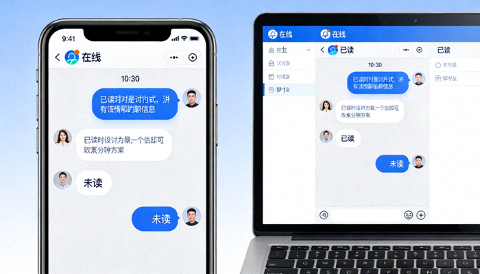 展示手机和电脑上聊天会话状态（已读、未读、在线状态）同步的对比截图
